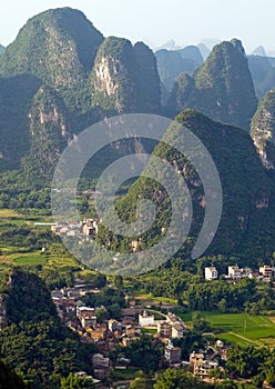 Guilin village at sunset from Moon Hill mountain. Yangshuo, China, Asia