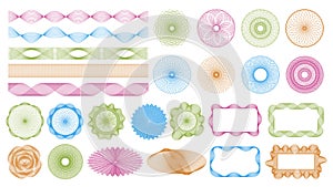 Guilloche pattern watermarks, geometric money watermark elements. Spiral twisted watermark ornaments vector illustration