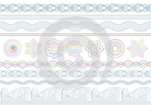 Guilloche patterns. Bank money security, banknotes seamless engraving and banking secure border. Banknote protective photo