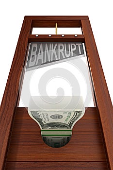 Guillotine with text bankrupt on white background. Isolated 3d illustration