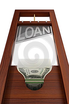 Guillotine with text loan on white background. Isolated 3d illustration