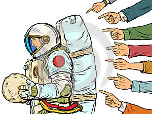 A guilty astronaut with a planet in his hands. Everyone criticizes the cosmonaut. White background