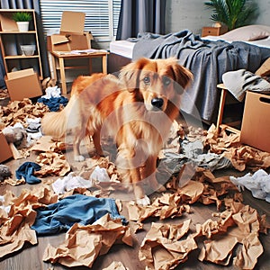Guilty dog pet canine in messy room that he caused. Dog training concept.
