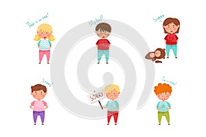Guilty Little Boy and Girl Saying Sorry and Apologizing for Misbehave Vector Set photo