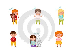 Guilty Little Boy and Girl Saying Sorry and Apologizing for Misbehave Vector Set photo