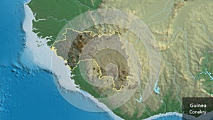 Guinea border shape overlay. Outlined. Relief. Labels