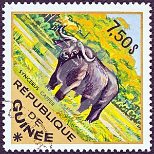 GUINEA - CIRCA 1975: A stamp printed in Guinea from the `Wild Animals` issue shows a Black Rhinoceros Diceros bicornis