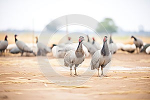 guinea fowls interacting in open farmland