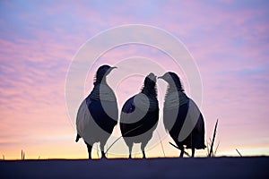 guinea fowls in silhouette against twilight sky