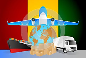 Guinea logistics concept illustration. National flag of Guinea from the back of globe, airplane, truck and cargo container ship