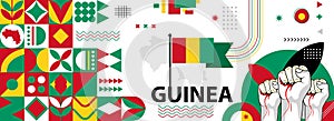 Guinea national or independence day banner for country celebration. Flag and map of Guinea with raised fists. Modern retro design