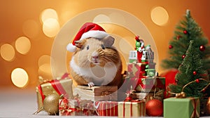 a guinea pig dressed as Santa Claus with a miniature sleigh and presents in a cozy living room. the pet's adorable