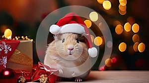 a guinea pig dressed as Santa Claus with a miniature sleigh and presents in a cozy living room. the pet's adorable
