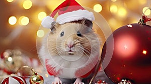 a guinea pig dressed as Santa Claus with a miniature sleigh and presents in a cozy living room. the pet's adorable