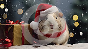 a guinea pig dressed as Santa Claus with a miniature sleigh and presents in a cozy living room. the pet's adorable