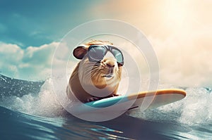 Guinea pig with glasses on surfing board. Generate ai