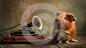 Guinea pig beside a gramophone, gentle lighting, soft background, charming, oldworld feel , advertise photo photo