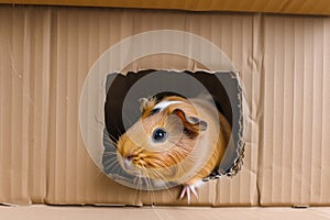 guinea pig halfway through a hole in a cardboard playhouse