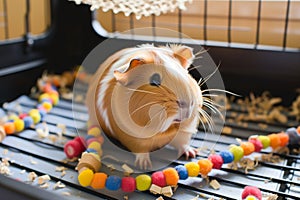 guinea pig inside a playpen with chew toys