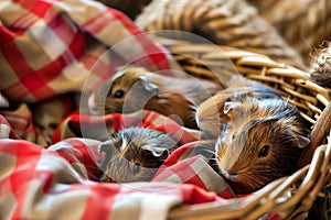 guinea pig pups in a wicker basket with red checkered cloth