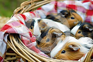 guinea pig pups in a wicker basket with red checkered cloth