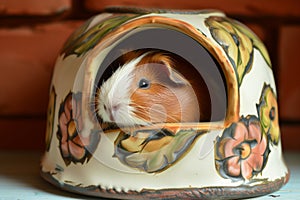 guinea pig resting inside a ceramic hideout