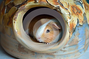 guinea pig resting inside a ceramic hideout