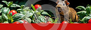 A guinea pig running around its aviary, rejoicing in fresh vegetables and frui