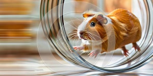 A guinea pig running energetically in a wheel