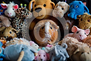 guinea pig surrounded by animalthemed soft toys