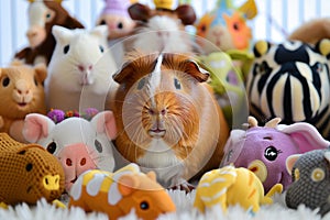 guinea pig surrounded by animalthemed soft toys