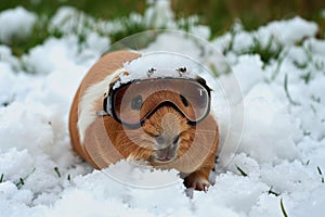 guinea pig with tiny ski glasses on fluffy snow