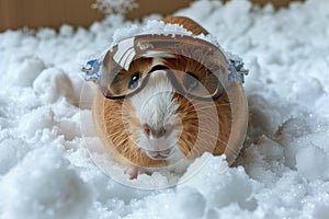 guinea pig with tiny ski glasses on fluffy snow