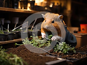 Guinea pig with tweezers and miniature plant