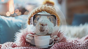 A guinea pig wearing glasses and holding a cup of coffee, AI