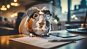 Guinea pig wearing glasses sitting on desk working and late. study and learn concept ,ai generated