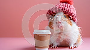 A guinea pig wearing a hat and glasses with coffee cup, AI