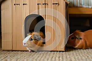 guinea pigs hiding in a cardboard playhouse, room setting