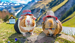Guinea Pigs hiking in Swiss mountain landscape ,ai generated