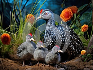 Ai Generated illustration Wildlife Concept of Guineafowl And Chicks