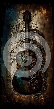 Guitar on abstract grunge background with music notes and notes