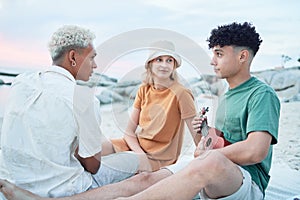 Guitar, beach and friends on holiday at the sea in Spain with music from a musician for peace and calm in nature. People