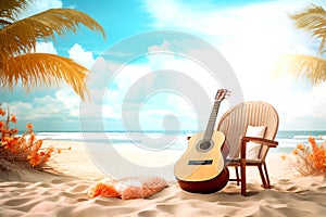 The guitar on the beach in summer season, the concept: a song about summer, beach, sand, sea coconut tree, Generative AI