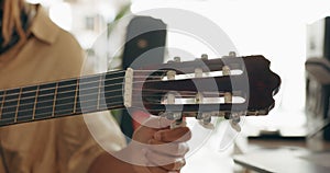 Guitar, black musician and music artist tuning instrument for home studio audio recording performance. Band guitarist