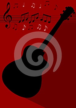 Guitar black silhouette with long shadow on dark red background, treble clef, stave, notes. Flyer, leflet template with musical th