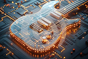 A guitar with circuit patterns symbolizes the integration of AI technology and music innovation