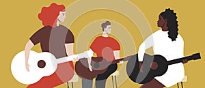 Guitar class, multicultural group of musicians, flat vector stock illustration with male and female guitarists as music education