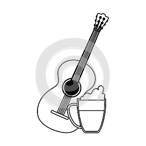 Guitar and cold beer mug celebration white background line style