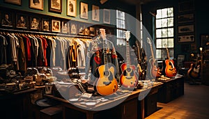 Guitar collection showcased in modern boutique, a musician haven generated by AI