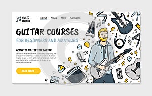 Guitar courses landing page in Doodle style